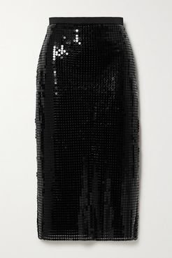 Satin-trimmed Chainmail Midi Skirt - Black