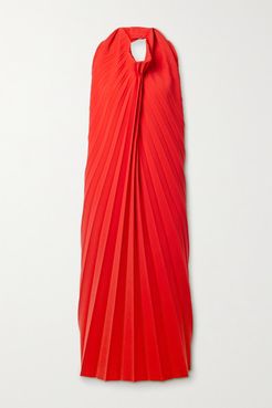 Pleated Stretch-cady Halterneck Midi Dress - Red