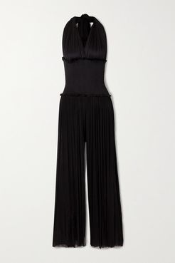 Tyche Draped Shirred Silk-tulle Halterneck Jumpsuit - Black