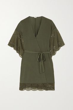Beatrix Lace-trimmed Stretch-modal Jersey Robe - Green