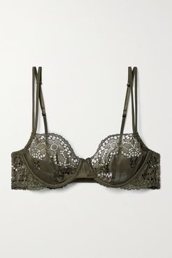 Beatrix Stretch-lace And Mesh Underwired Soft-cup Bra - Army green