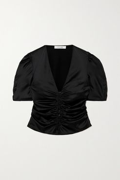 Camile Ruched Stretch-silk Satin Top - Black