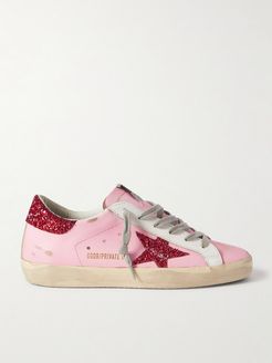 Superstar Glittered Distressed Leather Sneakers - Pink