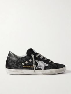 Superstar Distressed Suede, Leather And Glittered Lace Sneakers - Black