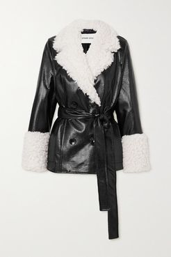 Harmony Belted Faux Shearling-trimmed Faux Textured Patent-leather Coat - Black