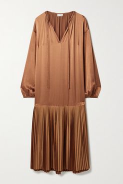 Lemona Pleated Satin Midi Dress - Light brown