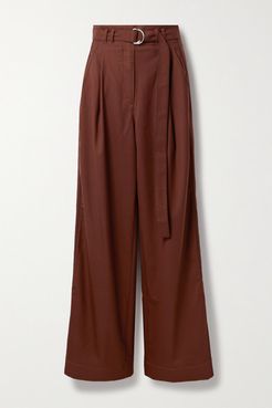 Belted Pleated Twill Wide-leg Pants - Claret