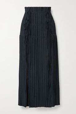 Tie-detailed Plissé-crepe Maxi Skirt - Midnight blue