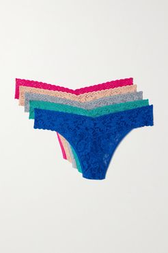 Net Sustain Signature Set Of Five Low-rise Stretch-lace Thongs - Blue