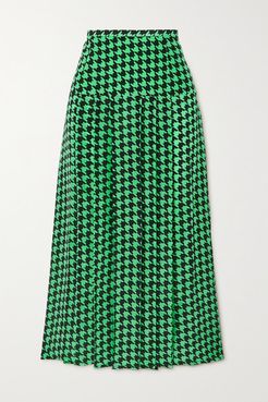 Nancy Pleated Houndstooth Silk-crepe Midi Skirt - Green