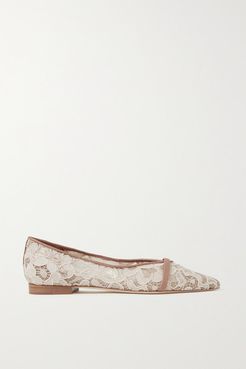 Colette Leather-trimmed Corded Lace Point-toe Flats - Cream