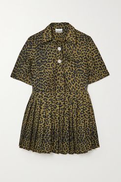 Crystal-embellished Pleated Leopard Jacquard Mini Dress - Leopard print