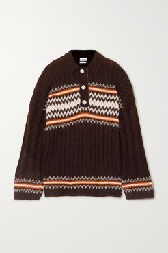 Crystal-embellished Fair Isle Cable-knit Alpaca-blend Sweater - Dark brown