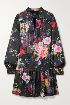 Ruffled Floral-print Charmeuse Mini Dress - Black