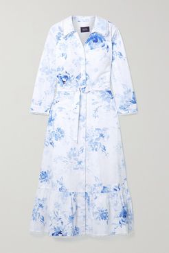 Belted Floral-print Cotton-blend Poplin Shirt Dress - White