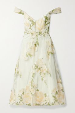 Off-the-shoulder Embroidered Tulle Midi Dress - Yellow