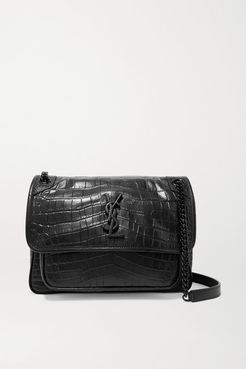 Niki Medium Glossed Croc-effect Leather Shoulder Bag - Black