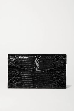 Uptown Croc-effect Patent-leather Pouch - Black