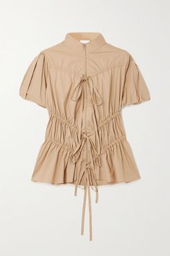 Crimes Tie-detailed Ruched Cotton-blend Top - Camel