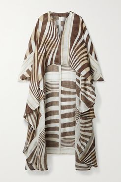 Goldie Asymmetric Printed Linen And Silk-blend Kaftan - Brown