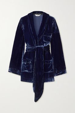 The Bon Vivant Belted Piped Velvet Robe - Blue