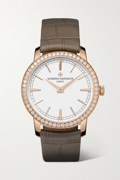 Traditionnelle Hand-wound 33mm 18-karat Pink Gold, Alligator And Diamond Watch - Rose gold