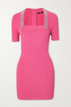 Crystal-embellished Ribbed Stretch-knit Mini Dress - Pink