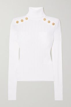 Button-embellished Ribbed-knit Turtleneck Sweater - White