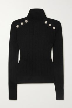 Button-embellished Ribbed-knit Turtleneck Sweater - Black