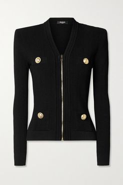 Button-embellished Ribbed-knit Cardigan - Black