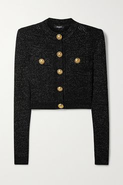 Button-embellished Metallic Jacquard-knit Cardigan - Black