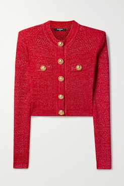 Button-embellished Metallic Jacquard-knit Cardigan - Red