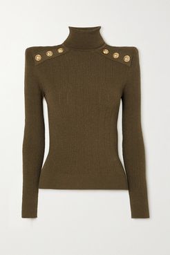 Button-embellished Ribbed-knit Turtleneck Sweater - Army green