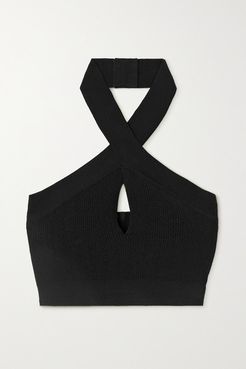 Cropped Cutout Ribbed-knit Halterneck Top - Black