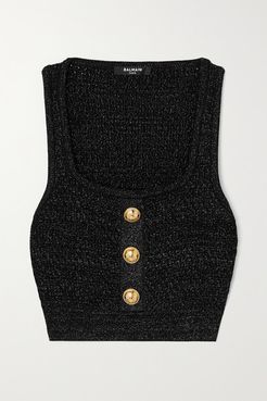 Cropped Button-embellished Metallic Ribbed-knit Top - Black