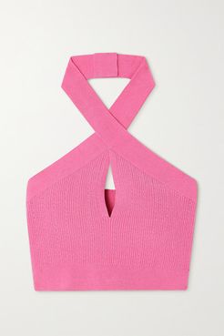 Cropped Cutout Ribbed-knit Halterneck Top - Pink
