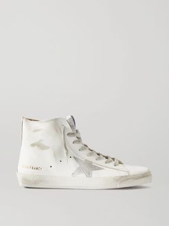 Francy Glittered Distressed Leather And Suede High-top Sneakers - White
