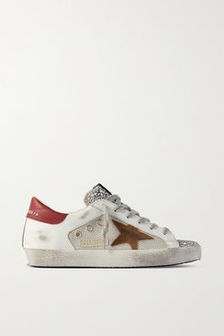 Superstar Glittered Distressed Leather, Suede And Canvas Sneakers - White