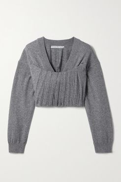Cropped Pintucked Knitted Sweater - Dark gray