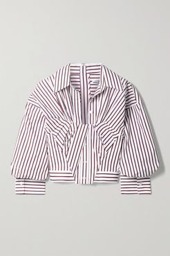 Gathered Cropped Striped Cotton-poplin Shirt - White