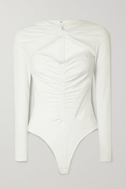 Ruched Cutout Cotton-blend Jersey Thong Bodysuit - Ivory