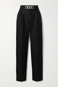 Chain-embellished Pleated Wool-blend Twill Straight-leg Pants - Black