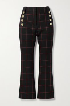 Robertson Cropped Button-embellished Checked Stretch-cotton Twill Flared Pants - Black