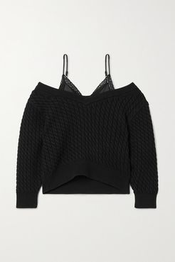 Cold-shoulder Satin And Lace-trimmed Cable-knit Cotton-blend Sweater - Black