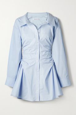 Gathered Cotton-poplin Mini Shirt Dress - Light blue