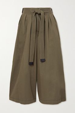 Belted Cropped Cotton And Linen-blend Wide-leg Pants - Army green