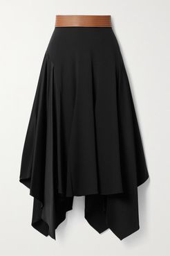 Asymmetric Leather-trimmed Crepe And Satin Midi Skirt - Black