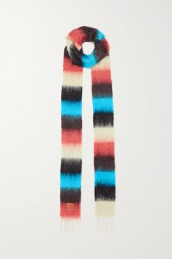 Leather-trimmed Fringed Striped Mohair-blend Scarf - Blue