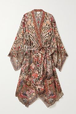 Belted Crystal-embellished Printed Silk-chiffon Kimono - Leopard print