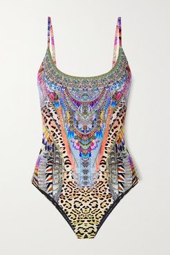 Crystal-embellished Printed Swimsuit - Purple